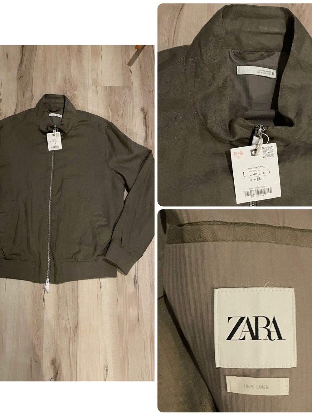ZARA Linen Bomber Jacket Men’s Size Large Olive Green Full Zip Lined